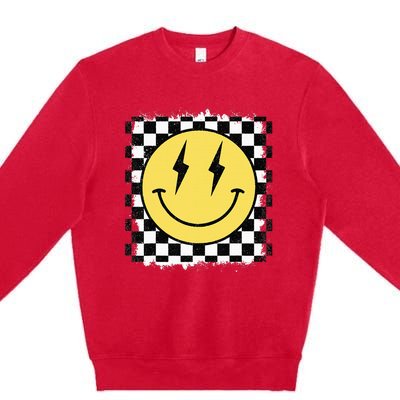 Retro Happy Face Checkered Pattern Smile Face Trendy Premium Crewneck Sweatshirt