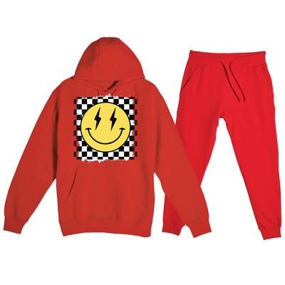 Retro Happy Face Checkered Pattern Smile Face Trendy Premium Hooded Sweatsuit Set