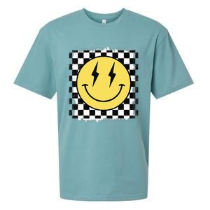 Retro Happy Face Checkered Pattern Smile Face Trendy Sueded Cloud Jersey T-Shirt