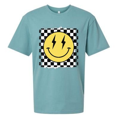 Retro Happy Face Checkered Pattern Smile Face Trendy Sueded Cloud Jersey T-Shirt