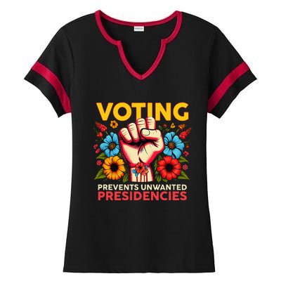 Retro Hand Fist Voting Prevents Unwanted Presidencies Flower Ladies Halftime Notch Neck Tee