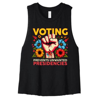 Retro Hand Fist Voting Prevents Unwanted Presidencies Flower Women's Racerback Cropped Tank