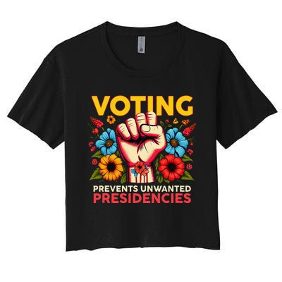 Retro Hand Fist Voting Prevents Unwanted Presidencies Flower Women's Crop Top Tee