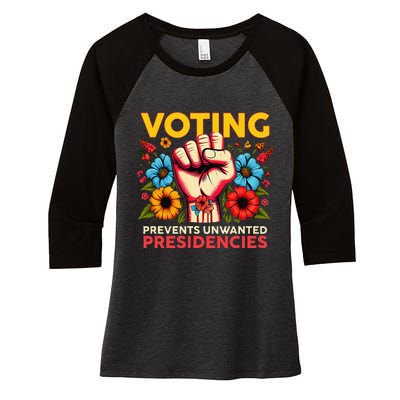 Retro Hand Fist Voting Prevents Unwanted Presidencies Flower Women's Tri-Blend 3/4-Sleeve Raglan Shirt