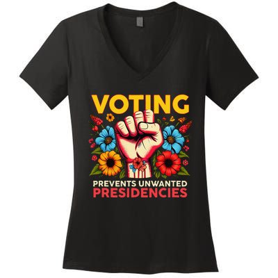 Retro Hand Fist Voting Prevents Unwanted Presidencies Flower Women's V-Neck T-Shirt