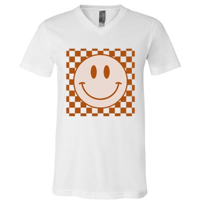 Retro Happy Face Checkered Pattern Smile Face Trendy V-Neck T-Shirt