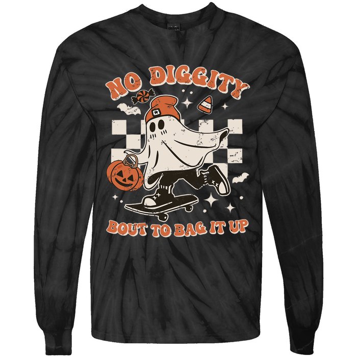 Retro Halloween Ghost No Diggity Bout To Bag It Up Tie-Dye Long Sleeve Shirt