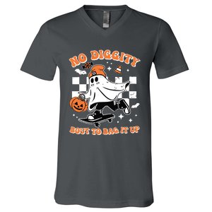 Retro Halloween Ghost No Diggity Bout To Bag It Up V-Neck T-Shirt