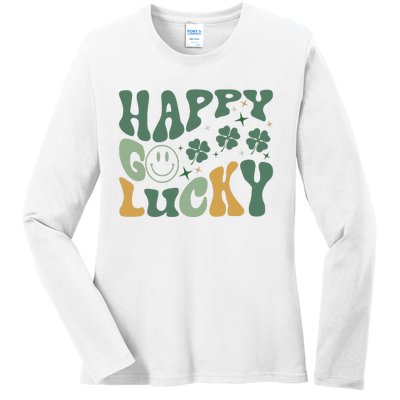 Retro Happy Go Lucky St Patricks Day  Ladies Long Sleeve Shirt