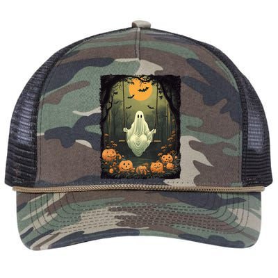 Retro Halloween Ghost Pumpkin Floral Vintage Boo Retro Rope Trucker Hat Cap