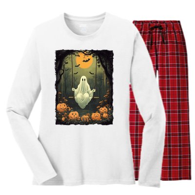 Retro Halloween Ghost Pumpkin Floral Vintage Boo Women's Long Sleeve Flannel Pajama Set 