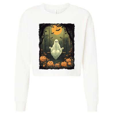 Retro Halloween Ghost Pumpkin Floral Vintage Boo Cropped Pullover Crew