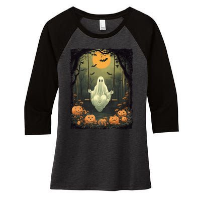 Retro Halloween Ghost Pumpkin Floral Vintage Boo Women's Tri-Blend 3/4-Sleeve Raglan Shirt