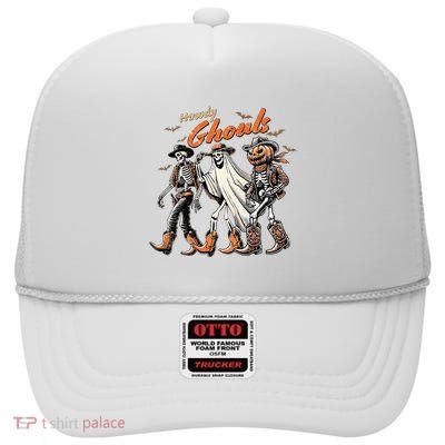 Retro Howdy Ghouls Skeleton Cowboy Western Rodeo Halloween High Crown Mesh Back Trucker Hat
