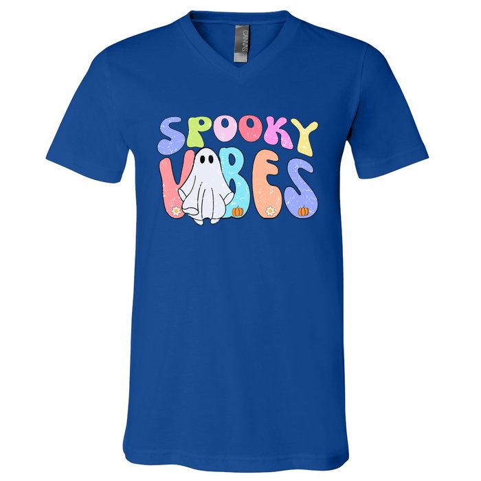 Retro Halloween Groovy Ghost Spooky Vibes Cute Gift V-Neck T-Shirt