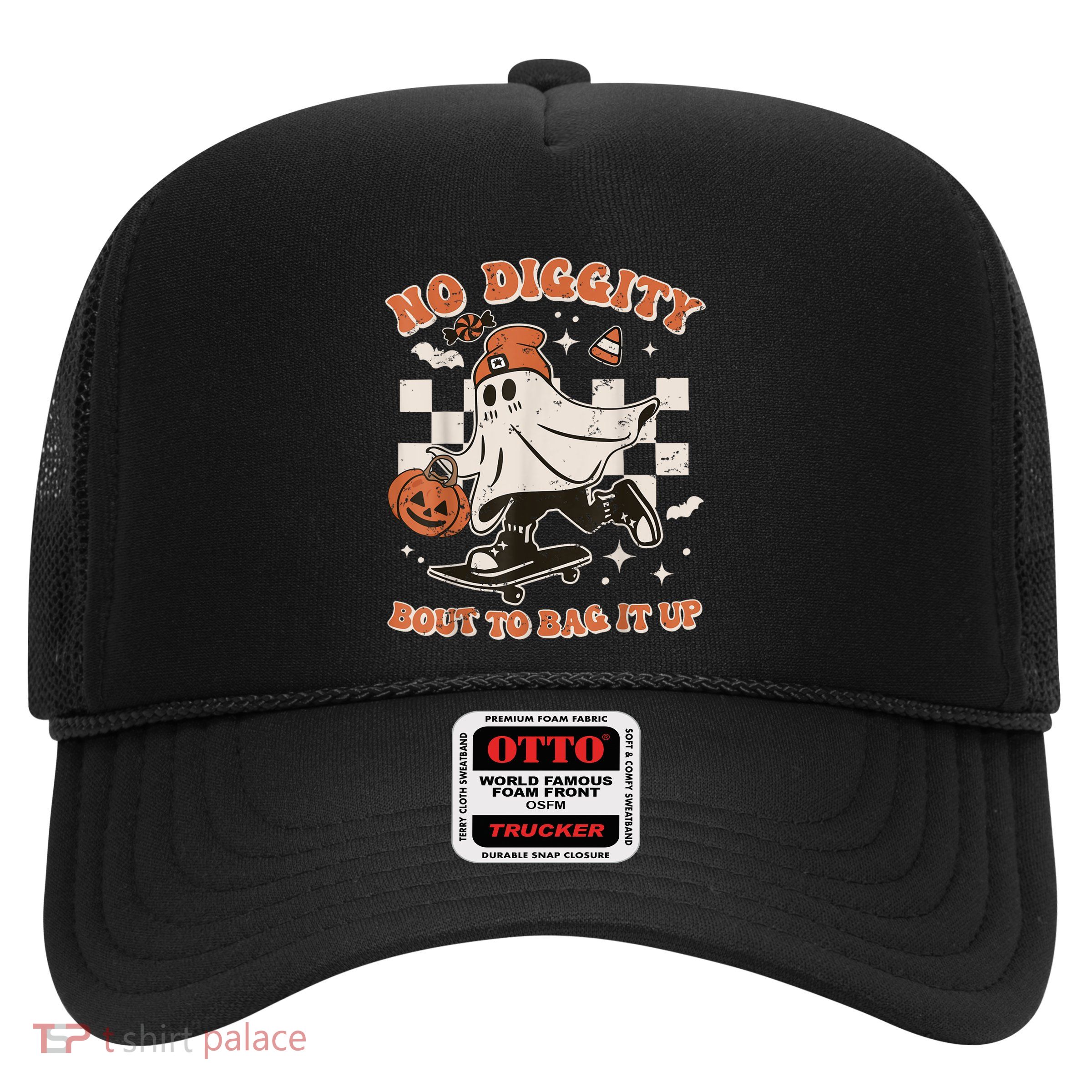Retro Halloween Ghost No Diggity Bout To Bag It Up Trucker Hat