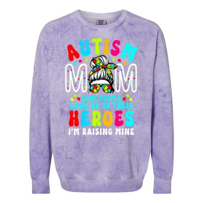 Raising Hero Groovy Messy Bun Autism Mom Autism Awareness Gift Colorblast Crewneck Sweatshirt