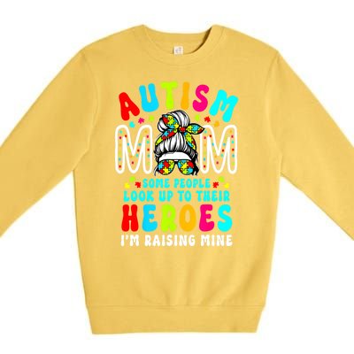 Raising Hero Groovy Messy Bun Autism Mom Autism Awareness Gift Premium Crewneck Sweatshirt