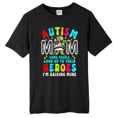 Raising Hero Groovy Messy Bun Autism Mom Autism Awareness Gift Tall Fusion ChromaSoft Performance T-Shirt