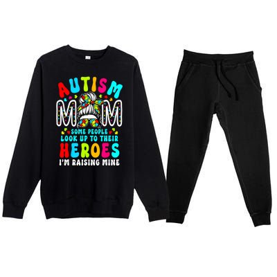 Raising Hero Groovy Messy Bun Autism Mom Autism Awareness Gift Premium Crewneck Sweatsuit Set