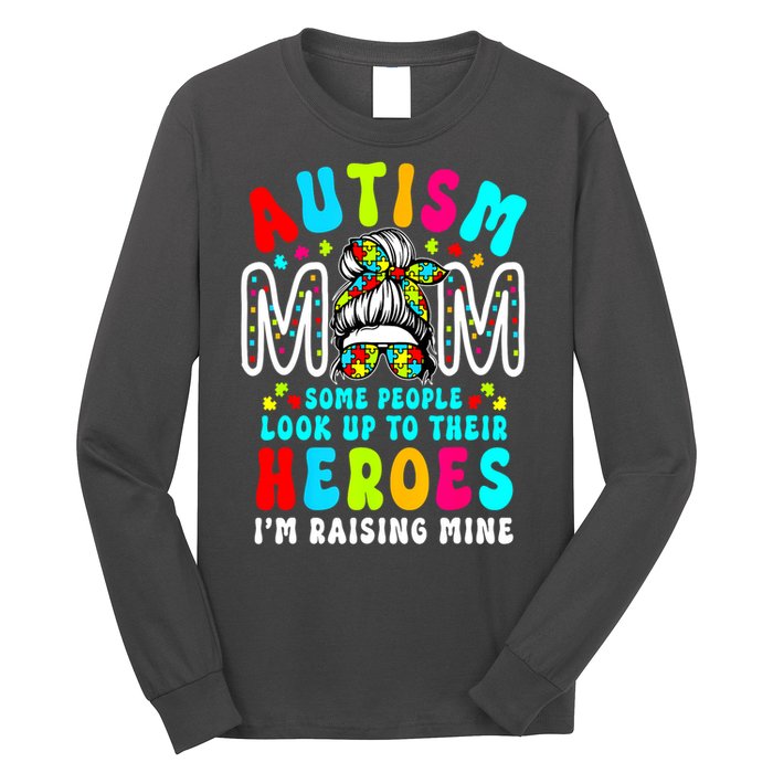 Raising Hero Groovy Messy Bun Autism Mom Autism Awareness Gift Long Sleeve Shirt