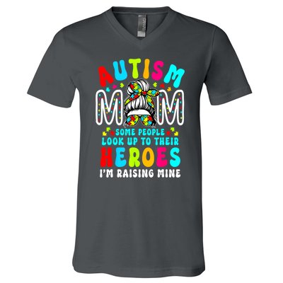 Raising Hero Groovy Messy Bun Autism Mom Autism Awareness Gift V-Neck T-Shirt