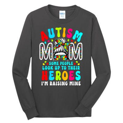 Raising Hero Groovy Messy Bun Autism Mom Autism Awareness Gift Tall Long Sleeve T-Shirt