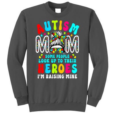 Raising Hero Groovy Messy Bun Autism Mom Autism Awareness Gift Tall Sweatshirt