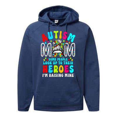 Raising Hero Groovy Messy Bun Autism Mom Autism Awareness Gift Performance Fleece Hoodie