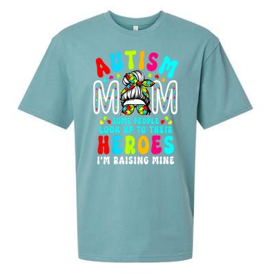 Raising Hero Groovy Messy Bun Autism Mom Autism Awareness Gift Sueded Cloud Jersey T-Shirt