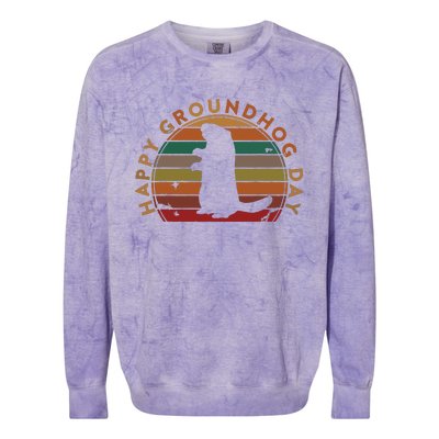 Retro Happy Groundhog Day Sunset Gift Ground Hog Silhouette Colorblast Crewneck Sweatshirt