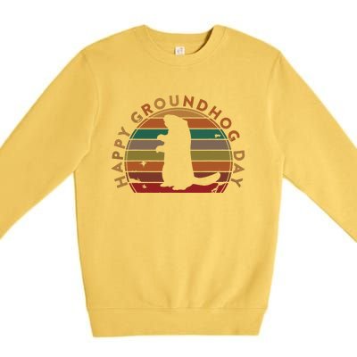 Retro Happy Groundhog Day Sunset Gift Ground Hog Silhouette Premium Crewneck Sweatshirt