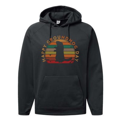 Retro Happy Groundhog Day Sunset Gift Ground Hog Silhouette Performance Fleece Hoodie