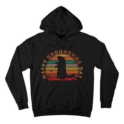 Retro Happy Groundhog Day Sunset Gift Ground Hog Silhouette Hoodie