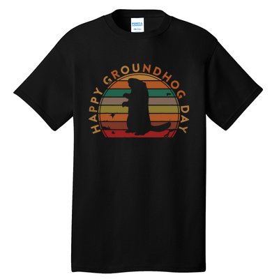 Retro Happy Groundhog Day Sunset Gift Ground Hog Silhouette Tall T-Shirt