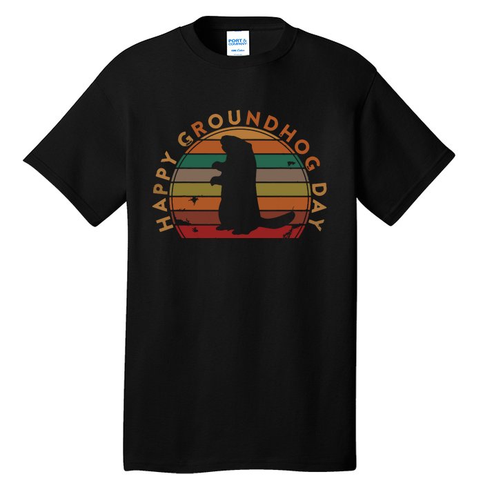 Retro Happy Groundhog Day Sunset Gift Ground Hog Silhouette Tall T-Shirt