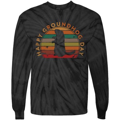 Retro Happy Groundhog Day Sunset Gift Ground Hog Silhouette Tie-Dye Long Sleeve Shirt