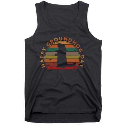 Retro Happy Groundhog Day Sunset Gift Ground Hog Silhouette Tank Top