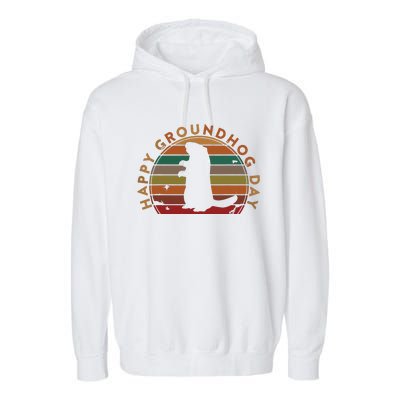 Retro Happy Groundhog Day Sunset Gift Ground Hog Silhouette Garment-Dyed Fleece Hoodie