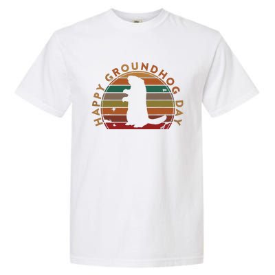 Retro Happy Groundhog Day Sunset Gift Ground Hog Silhouette Garment-Dyed Heavyweight T-Shirt