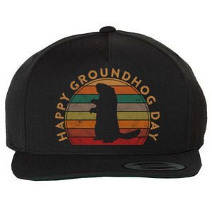 Retro Happy Groundhog Day Sunset Gift Ground Hog Silhouette Gift Wool Snapback Cap