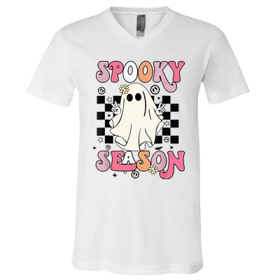 Retro Hippie Halloween Cute Ghost Spooky Season Funny Gifts V-Neck T-Shirt