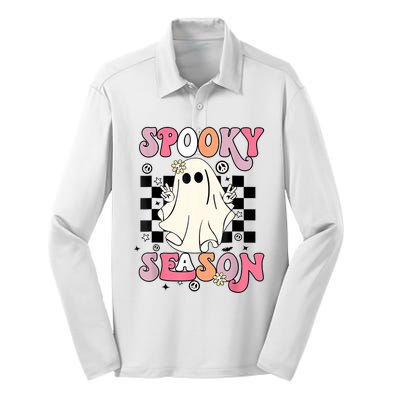 Retro Hippie Halloween Cute Ghost Spooky Season Funny Gifts Silk Touch Performance Long Sleeve Polo