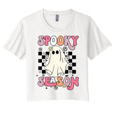 Retro Hippie Halloween Cute Ghost Spooky Season Funny Gifts Women's Crop Top Tee