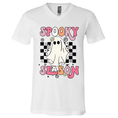 Retro Hippie Halloween Cute Ghost Spooky Season Funny Gifts V-Neck T-Shirt