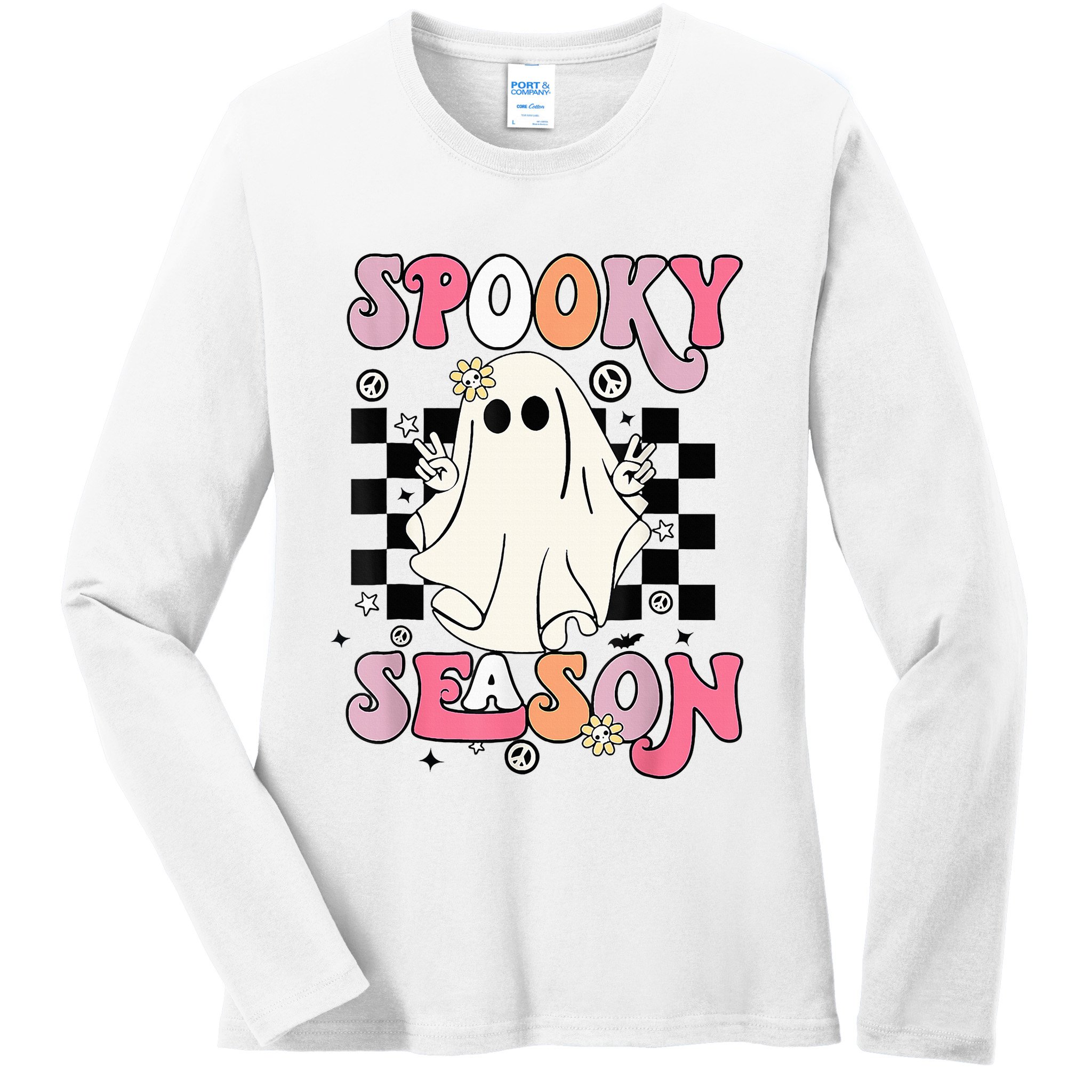 Retro Hippie Halloween Cute Ghost Spooky Season Funny Gifts Ladies Long Sleeve Shirt