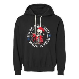 Retro Ho Ho Holy Shit What A Year Funny Skeleton Christmas  Garment-Dyed Fleece Hoodie