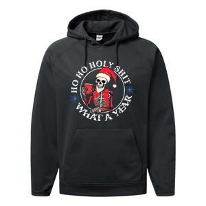 Retro Ho Ho Holy Shit What A Year Funny Skeleton Christmas  Performance Fleece Hoodie