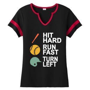 Retro Hit Hard Run Fast Turn Left Baseball Funny Sport Cool Gift Ladies Halftime Notch Neck Tee