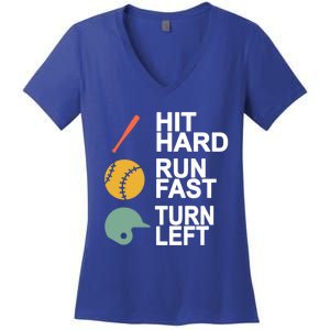 Retro Hit Hard Run Fast Turn Left Baseball Funny Sport Cool Gift Women's V-Neck T-Shirt